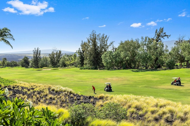 view of community with view of golf course, a lawn, and a mountain view