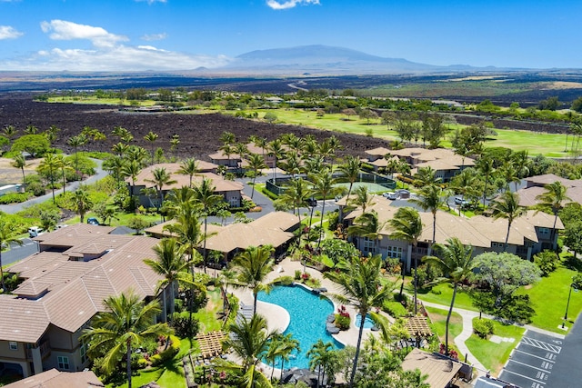 bird's eye view featuring a residential view and a mountain view