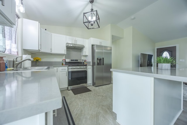 kitchen featuring a sink, stainless steel appliances, light countertops, white cabinets, and under cabinet range hood