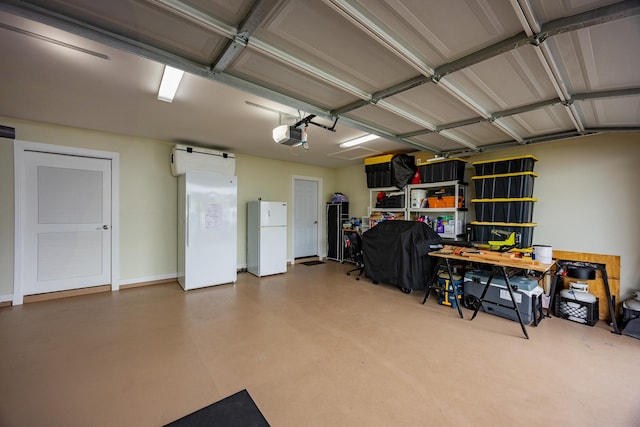 garage with a garage door opener and freestanding refrigerator