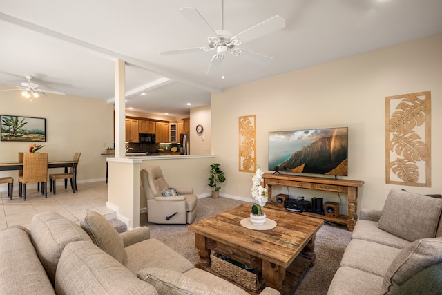 living area featuring light tile patterned floors, ceiling fan, baseboards, and recessed lighting