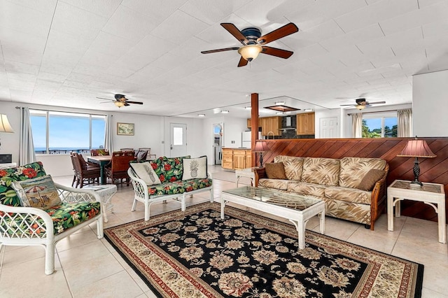 living room with light tile patterned flooring