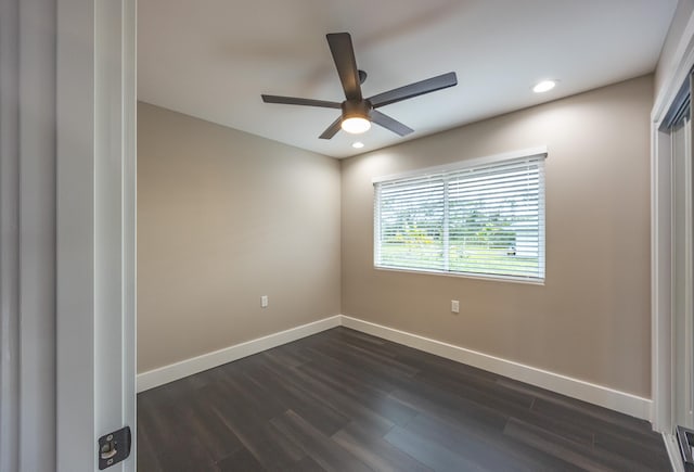 unfurnished room with ceiling fan, dark wood-style flooring, recessed lighting, and baseboards