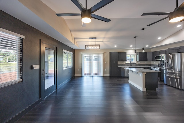 kitchen with lofted ceiling, appliances with stainless steel finishes, dark wood-type flooring, and a ceiling fan