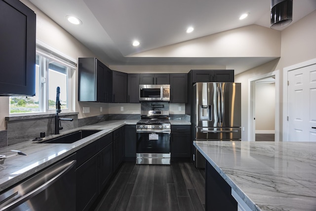 kitchen with lofted ceiling, light stone counters, dark wood-style flooring, a sink, and appliances with stainless steel finishes