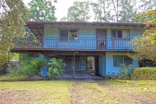 back of house with a patio and a lawn