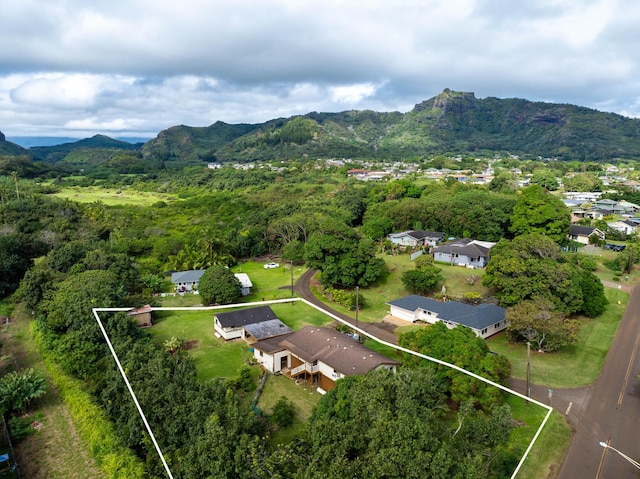 bird's eye view with a mountain view and a view of trees