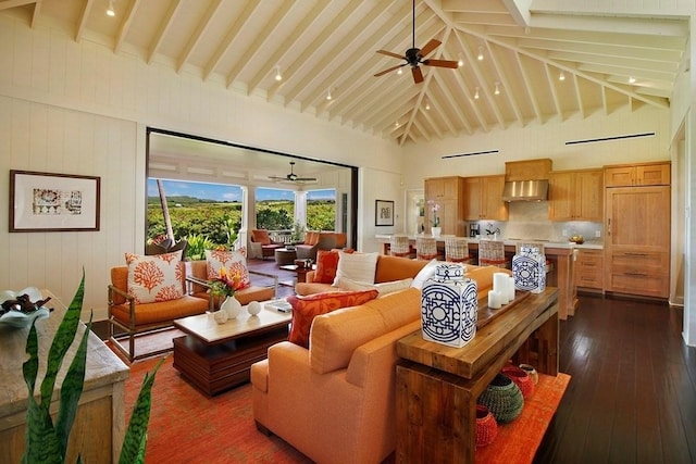 living area featuring a ceiling fan, dark wood-style flooring, high vaulted ceiling, and beam ceiling