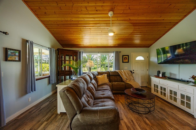 living room with vaulted ceiling, wood finished floors, and wood ceiling