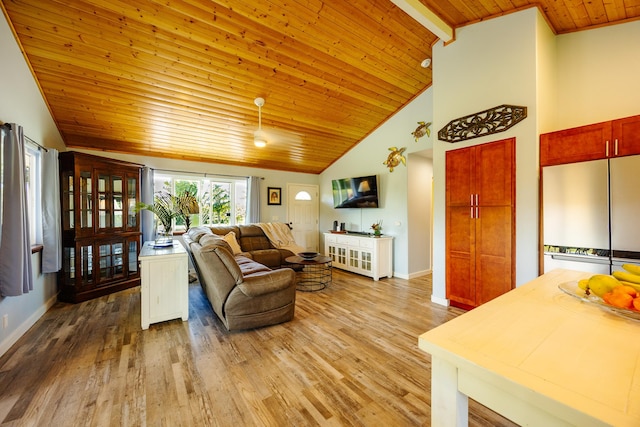 living area featuring light wood-type flooring, wooden ceiling, high vaulted ceiling, and baseboards