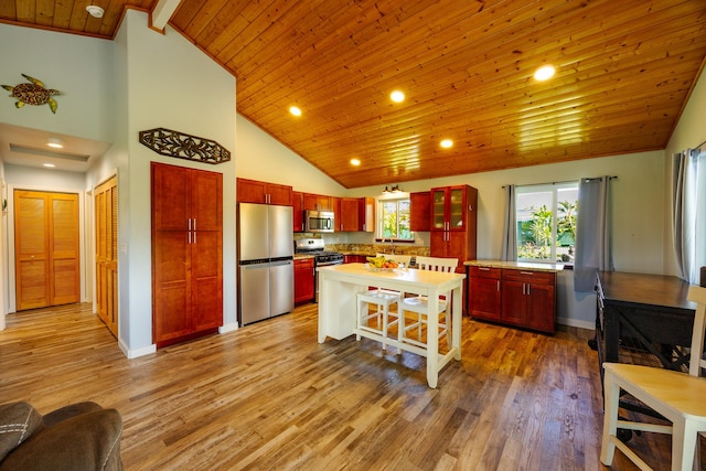 kitchen featuring reddish brown cabinets, light wood finished floors, wood ceiling, and appliances with stainless steel finishes