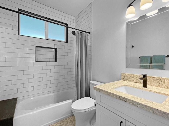 bathroom with toilet, shower / tub combo with curtain, and vanity