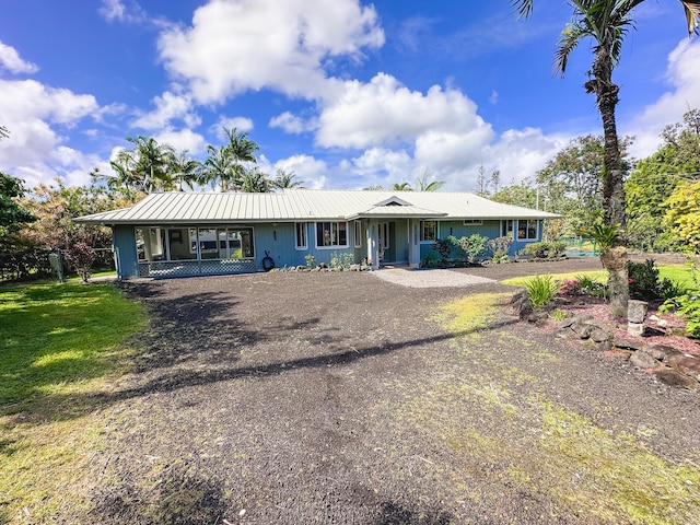 ranch-style home featuring metal roof and driveway