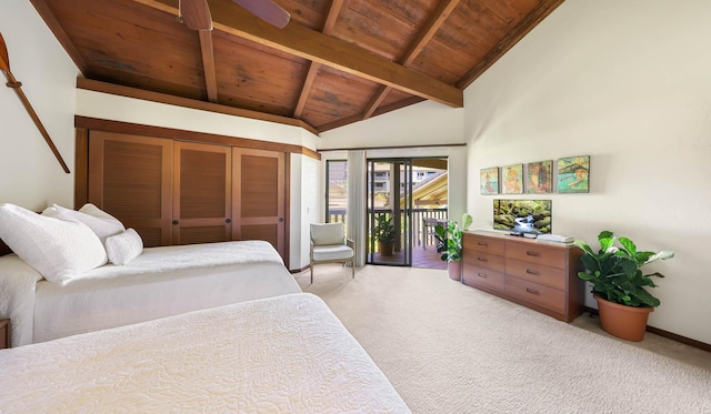 bedroom with light colored carpet, wood ceiling, high vaulted ceiling, access to outside, and beamed ceiling