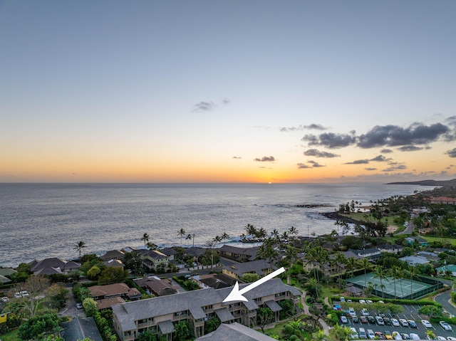 drone / aerial view with a residential view and a water view