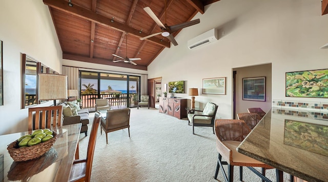 interior space with carpet, beam ceiling, a wall mounted AC, wood ceiling, and high vaulted ceiling