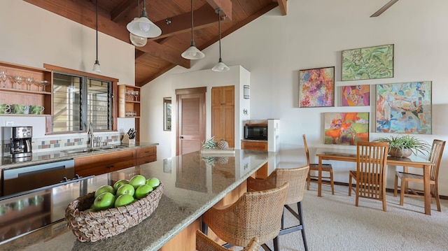 kitchen with light colored carpet, wooden ceiling, a sink, open shelves, and beam ceiling