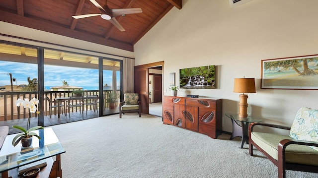 sitting room featuring carpet, a ceiling fan, high vaulted ceiling, wooden ceiling, and beamed ceiling