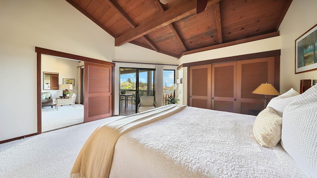 bedroom with baseboards, wood ceiling, access to outside, carpet floors, and beam ceiling