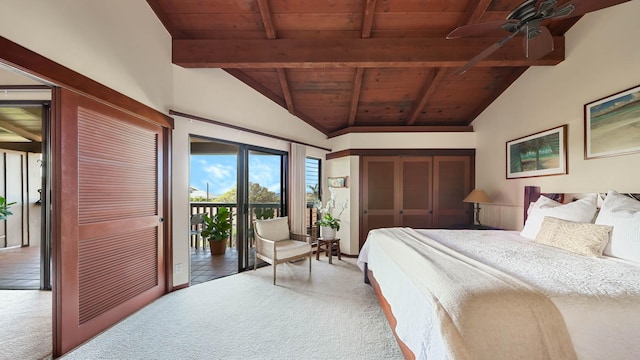 bedroom with access to outside, wooden ceiling, carpet flooring, and lofted ceiling with beams