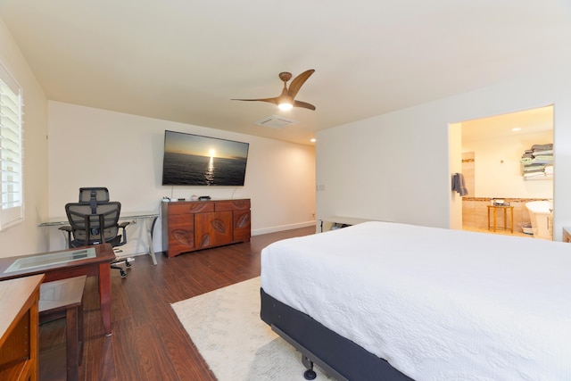 bedroom featuring a ceiling fan, dark wood-style flooring, visible vents, and baseboards