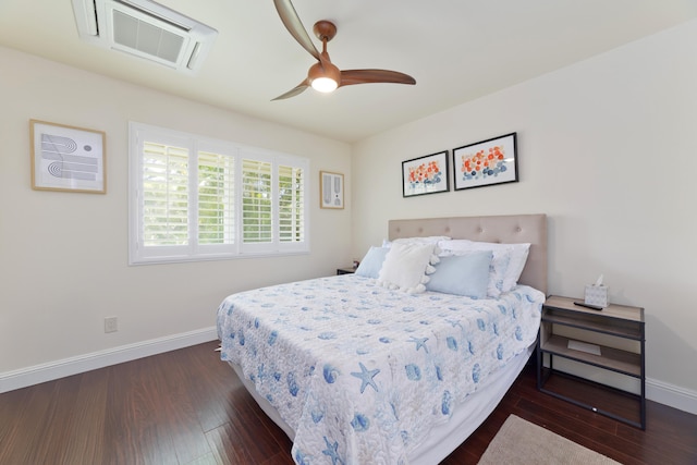 bedroom featuring visible vents, baseboards, ceiling fan, and dark wood-type flooring