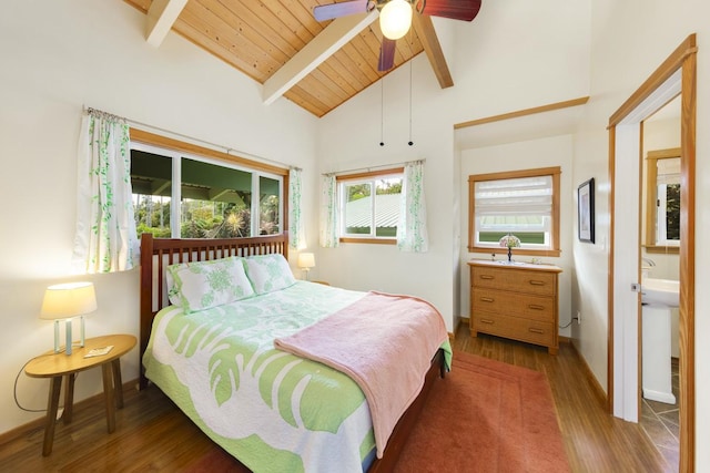 bedroom with vaulted ceiling with beams, wooden ceiling, wood finished floors, and baseboards