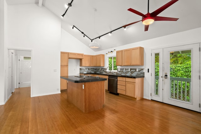 6450 Olohena Rd, Kapaa, HI 96746 - kitchen with rail lighting, dishwasher, a ceiling fan, decorative backsplash, and high vaulted ceiling
