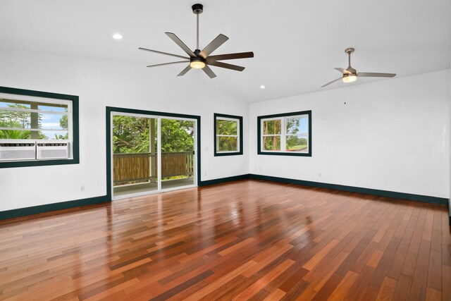 6450 Olohena Rd, Kapaa, HI 96746 - empty room with a ceiling fan, wood finished floors, lofted ceiling, recessed lighting, and baseboards