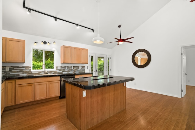 6450 Olohena Rd, Kapaa, HI 96746 - kitchen featuring dishwashing machine, a sink, ceiling fan, plenty of natural light, and high vaulted ceiling