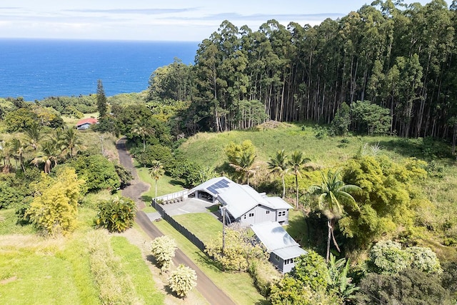 aerial view featuring a water view and a view of trees