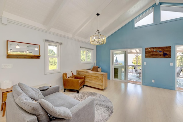 sitting room featuring a chandelier, high vaulted ceiling, baseboards, light wood-type flooring, and beamed ceiling