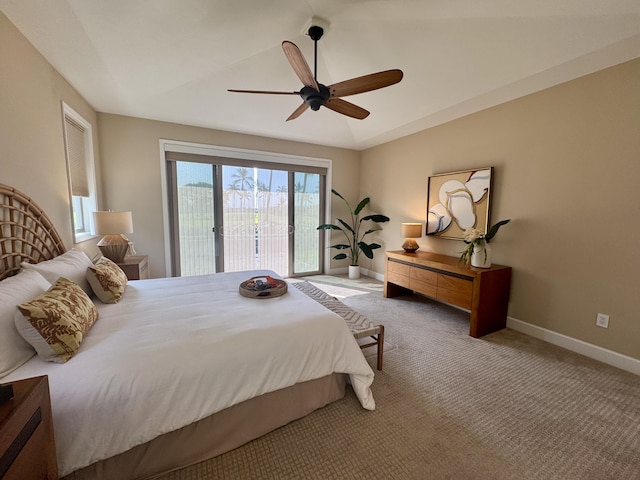 carpeted bedroom with lofted ceiling, access to outside, a ceiling fan, and baseboards