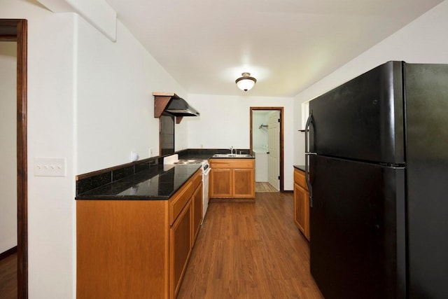 kitchen with electric range, freestanding refrigerator, a sink, wood finished floors, and under cabinet range hood