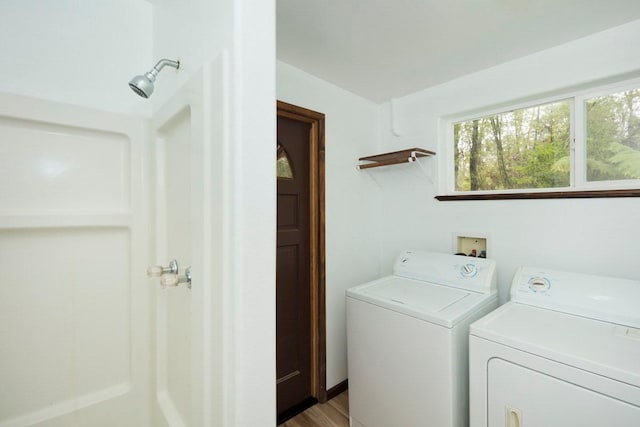 laundry area with laundry area, wood finished floors, and washing machine and dryer