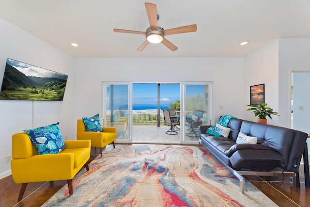 living room with a ceiling fan and recessed lighting