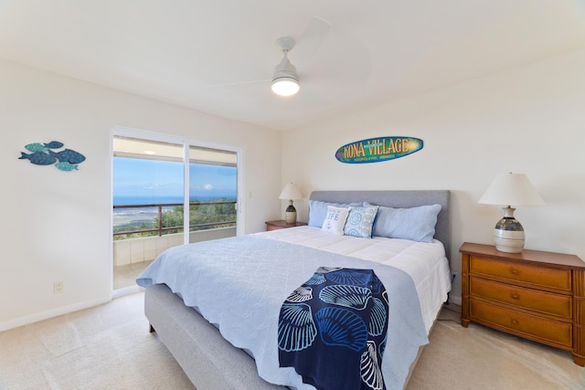 bedroom featuring access to exterior, light colored carpet, ceiling fan, and baseboards