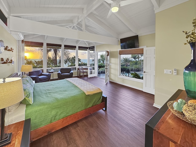 bedroom featuring access to exterior, lofted ceiling with beams, wood finished floors, and baseboards