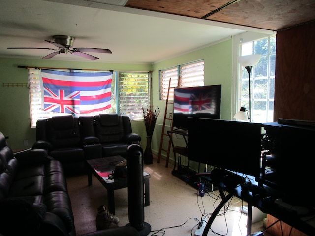 living room featuring ceiling fan