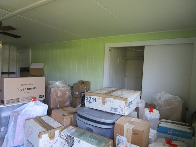 storage area featuring a ceiling fan