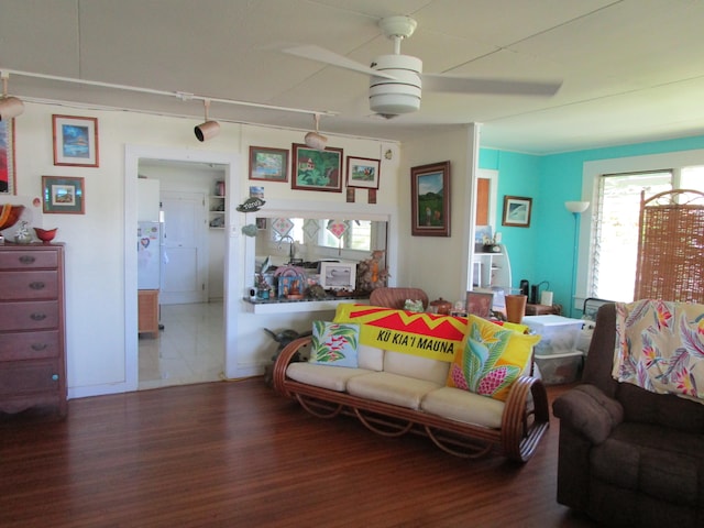 living area with dark wood finished floors and track lighting