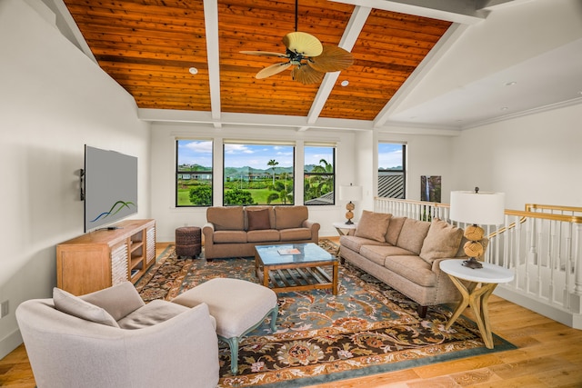 living room with baseboards, wooden ceiling, ceiling fan, wood finished floors, and vaulted ceiling with beams