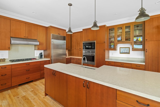 kitchen featuring brown cabinetry, light wood-style floors, built in appliances, light countertops, and under cabinet range hood