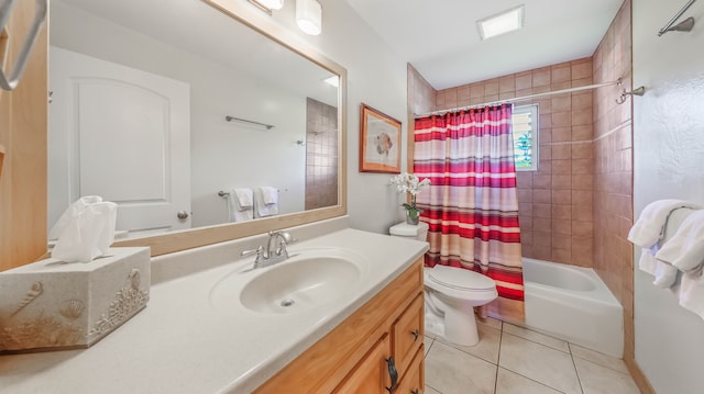 full bath with toilet, shower / bath combination with curtain, vanity, and tile patterned floors