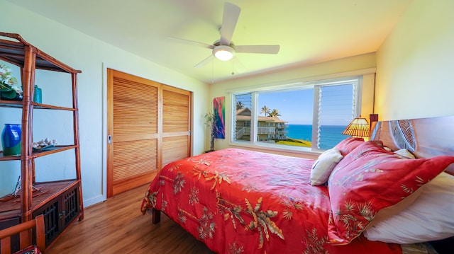 bedroom featuring ceiling fan, a closet, and wood finished floors