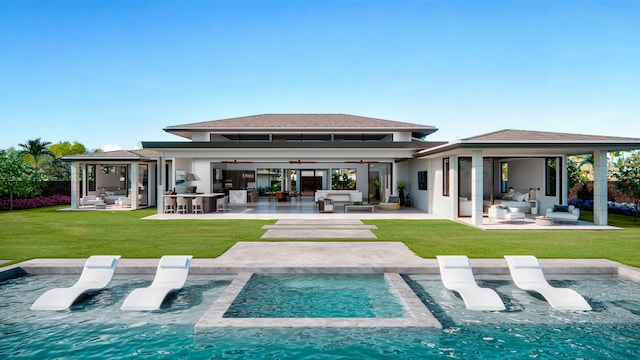 rear view of house with a patio, outdoor lounge area, a lawn, fence, and ceiling fan