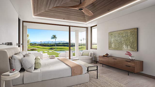 bedroom featuring wooden ceiling, access to exterior, baseboards, expansive windows, and a raised ceiling