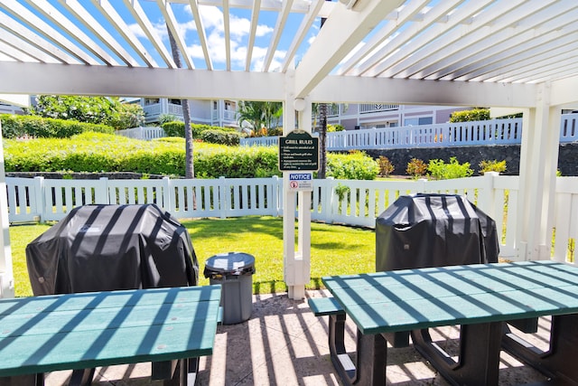 view of patio / terrace featuring area for grilling, fence, and a pergola