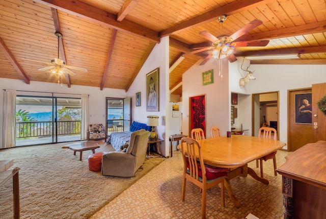 dining room featuring high vaulted ceiling, wooden ceiling, ceiling fan, and beamed ceiling