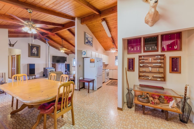 dining area with wood ceiling, high vaulted ceiling, beam ceiling, and a ceiling fan